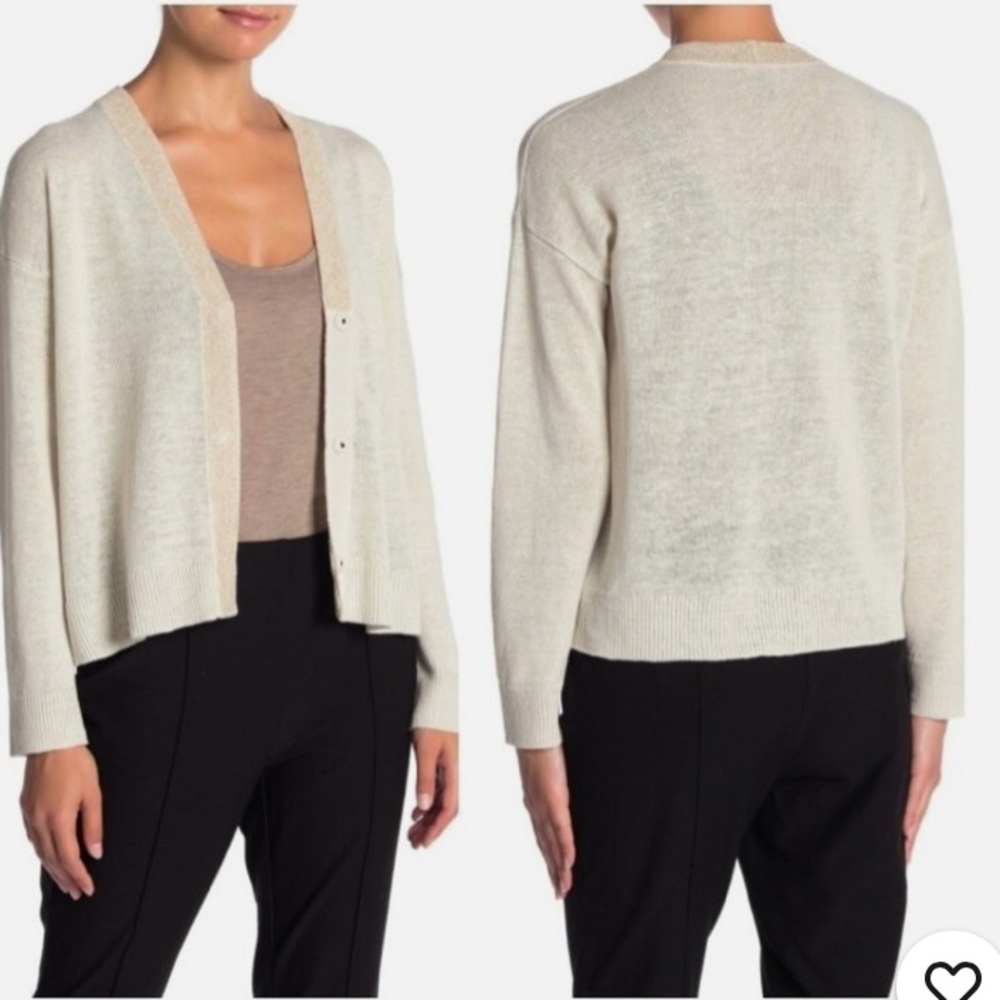 NWT Eileen Fisher Organic Linen V‎ Neck Cardigan In Bone